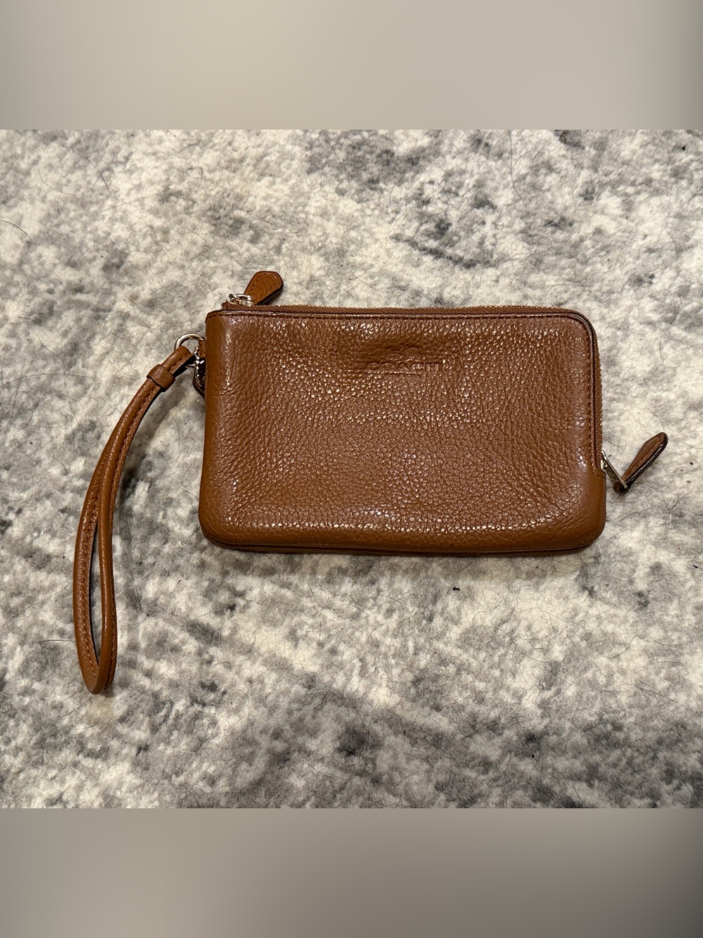 COACH Double Corner Zip Brown Pebbled Leather Wristlet Wallet